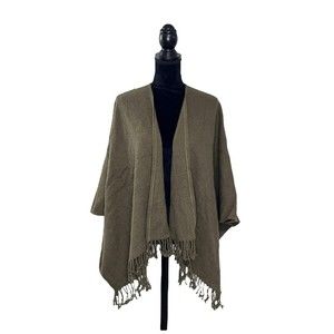 Talbots Womans One Size Green Brown Wool Blend Fringe Poncho Open Shawl Cardigan